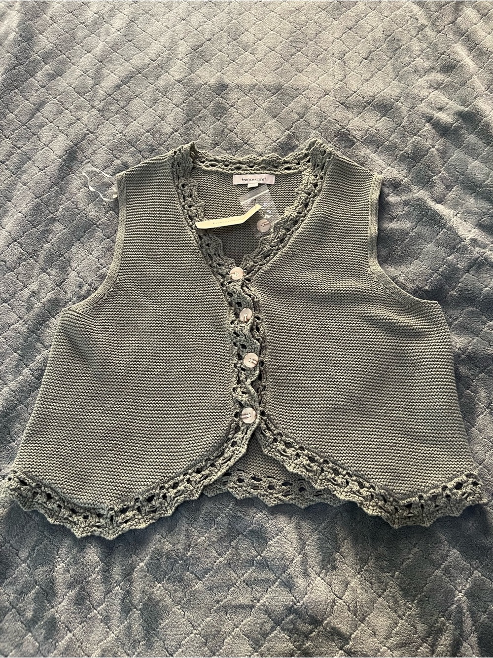 NWT Francesca's Sage Green Crochet-Trim Knit Vest